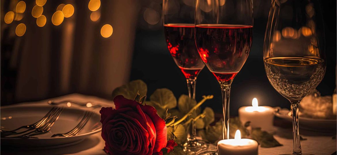 Glass of wine with rose for romantic atmosphere