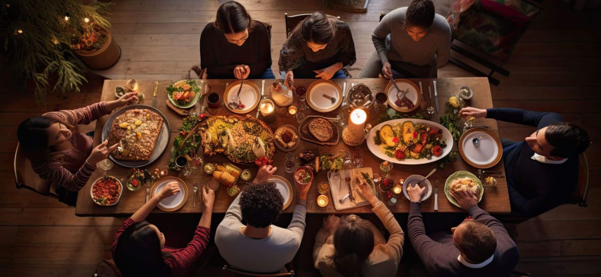 Family gathered around the dining table for Christmas dinner, capturing the spirit of togetherness
